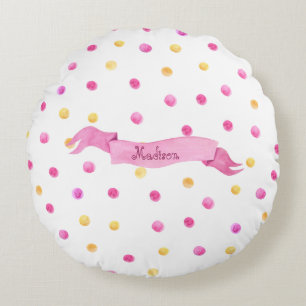 Pink & Yellow Polka Dot Name Banner Girly Cute Round Pillow