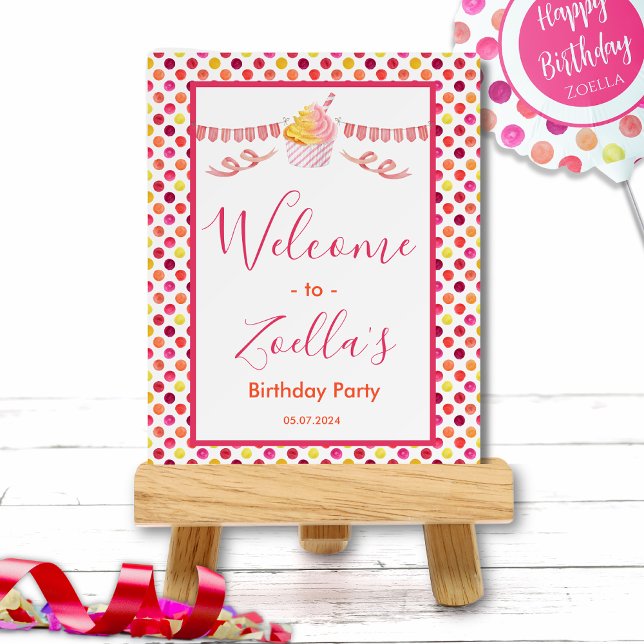 Pink Yellow Polka Dot Welcome Party Sign (Pink Yellow Birthday Party Foam Board)