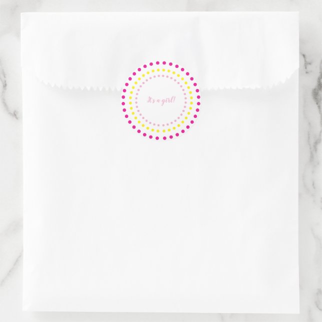 Pink & Yellow Polka Dots Baby Girl Gender Reveal Classic Round Sticker (Bag)