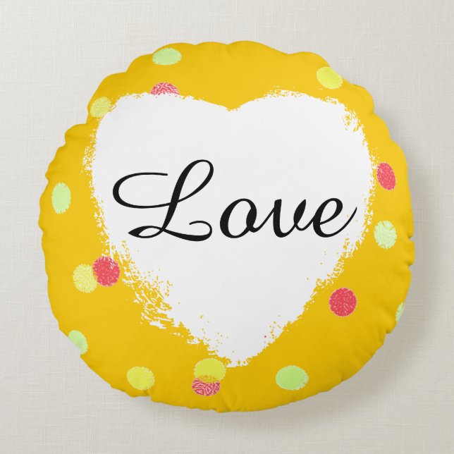 pink, yellow polka dots & white heart love round pillow (Front)