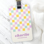 Pink yellow purple blue checkerboard name luggage tag<br><div class="desc">Luggage featuring a light pink,  yellow,  purple and aqua blue checkerboard pattern and your name in a retro style,  purple font with a line of custom text below. All colors are customizable. Add your contact information on the back</div>
