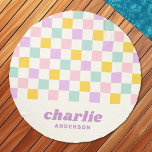 Pink yellow purple blue checkerboard pattern retro beach towel<br><div class="desc">Round beach towel featuring a light pink,  yellow,  purple and aqua blue checkerboard pattern and your name in a retro style,  purple font with a line of custom text below. All colors are customizable.</div>