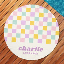 Pink yellow purple blue checkerboard pattern retro beach towel