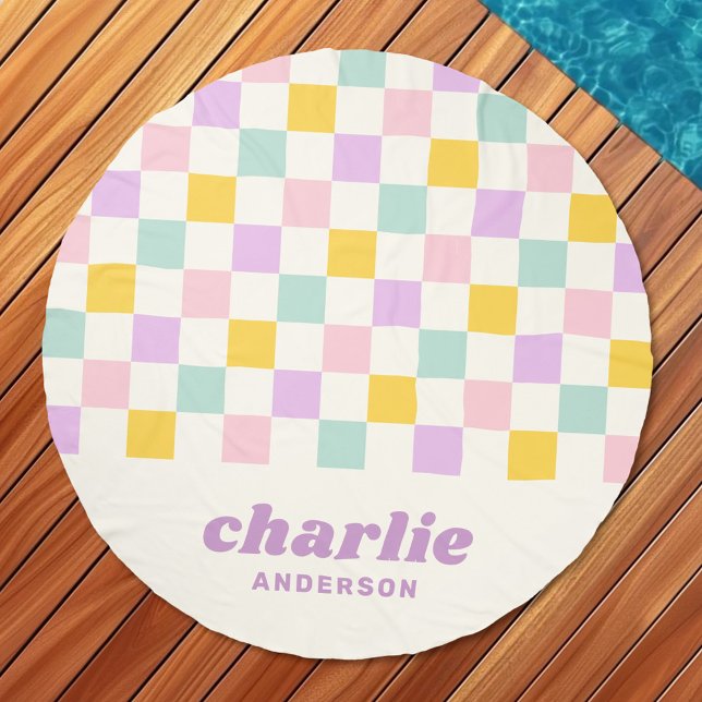 Pink yellow purple blue checkerboard pattern retro beach towel  (Pink yellow purple blue checkerboard pattern retro beach towel)