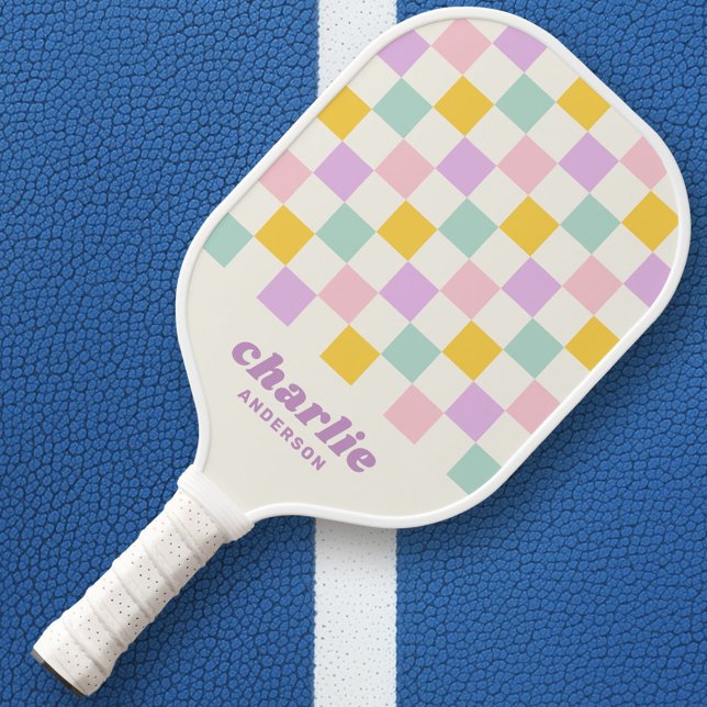Pink yellow purple blue checkerboard retro pickleball paddle (Pink yellow purple blue checkerboard retro pickleball paddle)