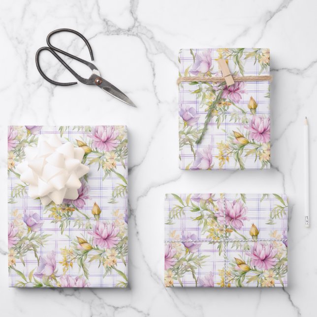 Pink, Yellow, Purple Flowers on Plaid Background Wrapping Paper Sheets (Front)