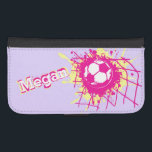 Pink yellow purple girls soccer named flap case<br><div class="desc">Bright pink,  yellow and purple football / soccer ball splatting in the back of the goal / net kids girls cell phone case. Ideal for girl footballers and female soccer players,  personalize with your own name currently reads Megan. Designed by Sarah Trett.</div>