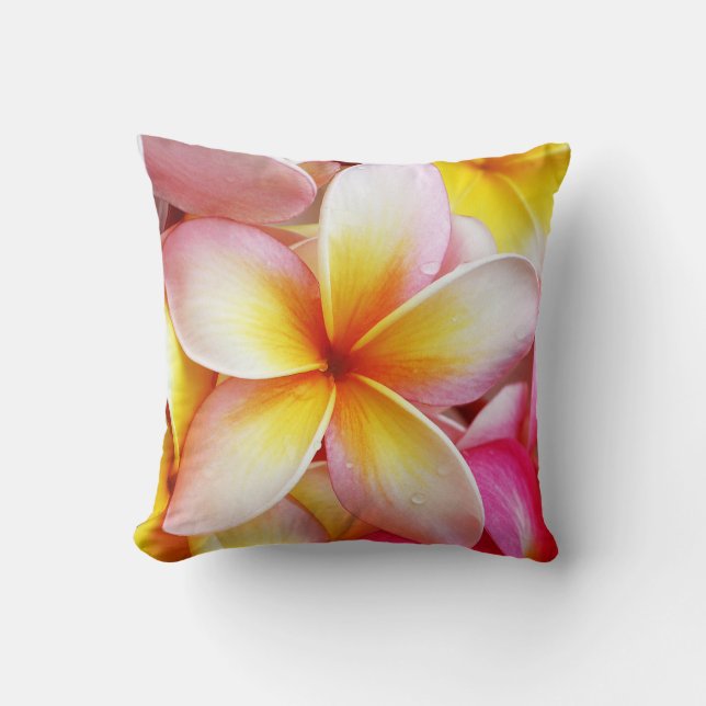 Pink Yellow Purple Plumeria Frangipani Flowers Throw Pillow (Front)