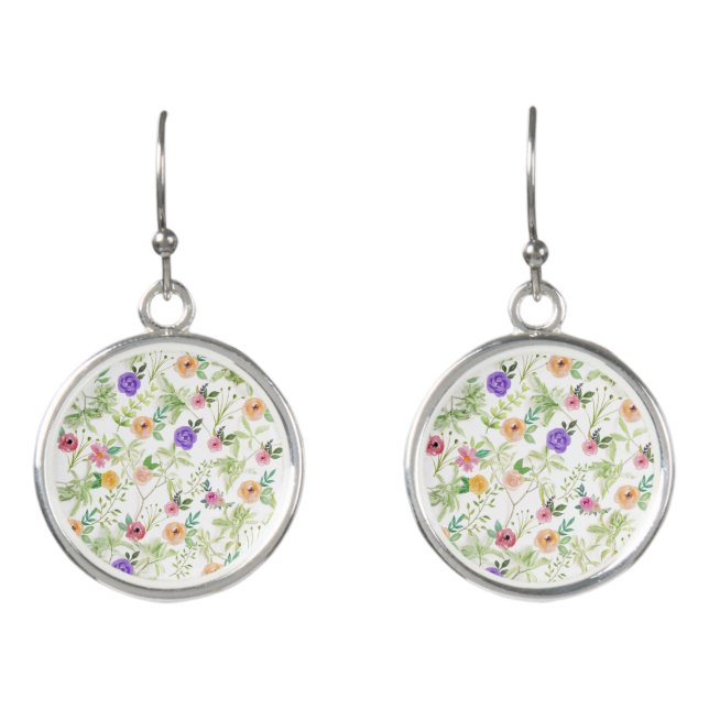 Pink Yellow Purple Red Floral Flowers Greenery Earrings (Front)