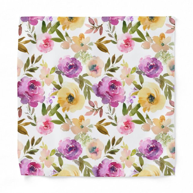 Pink Yellow Purple Roses Floral Pocket Square Bandana (Front)
