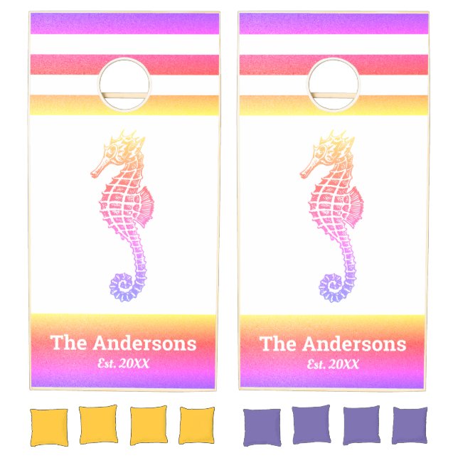 Pink yellow purple seahorse beach house coastal cornhole set (Set)