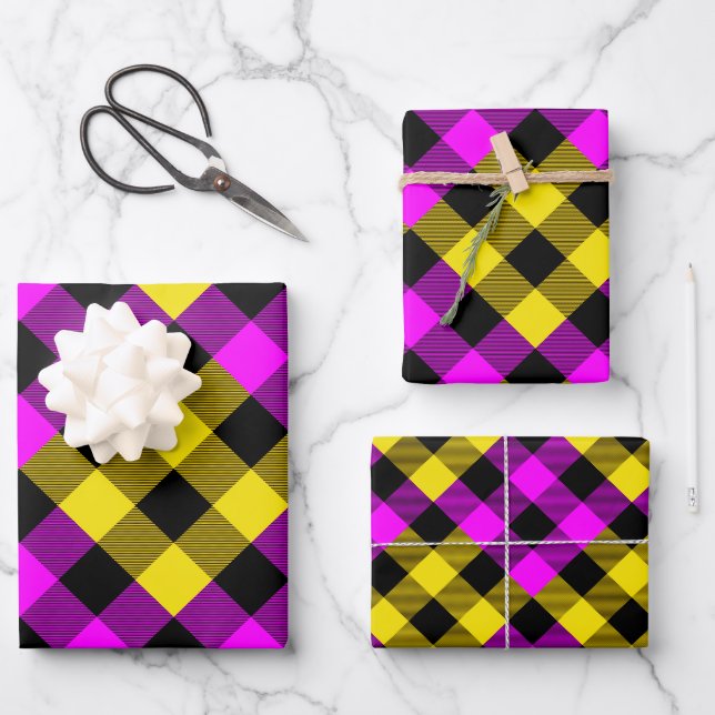 Pink & Yellow Quilt Buffalo Plaid Holiday Wrapping Paper Sheets (Front)