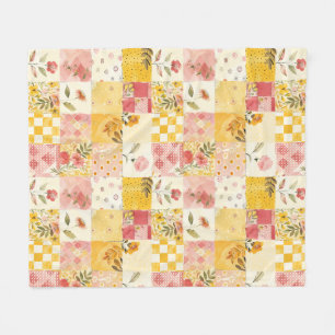 Pink Yellow Quilt Patchwork Gingham Cottagecore Fleece Blanket