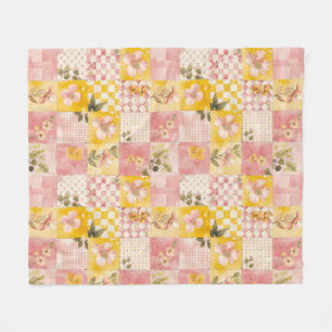 Pink Yellow Quilt Patchwork Gingham Cottagecore Fleece Blanket