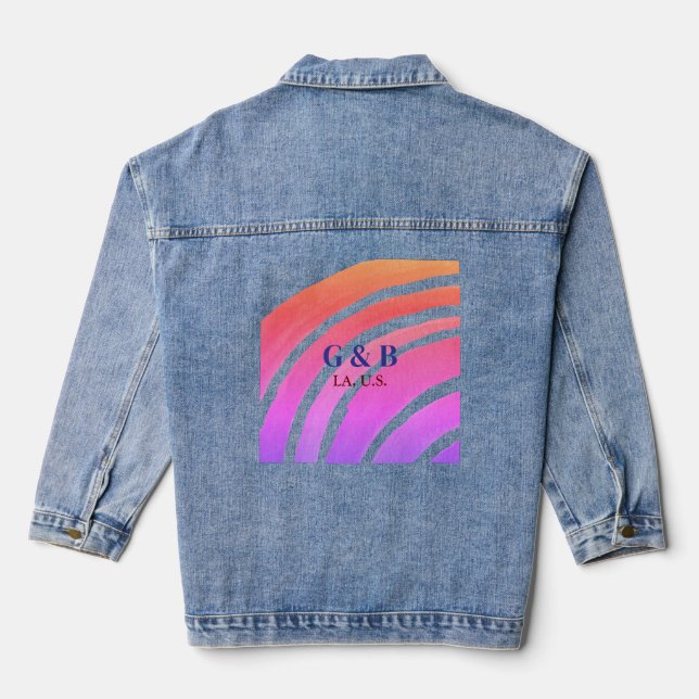 Pink yellow rainbow add couple name place city wed denim jacket (Back)