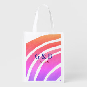 Pink yellow rainbow add couple name place city wed grocery bag