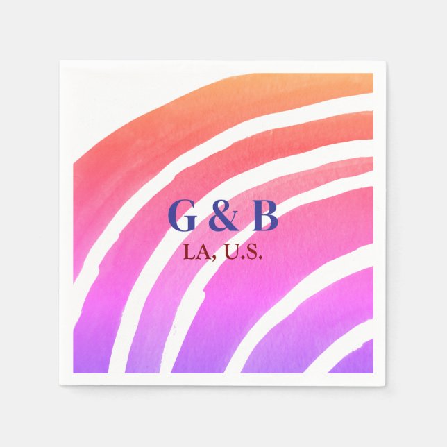 Pink yellow rainbow add couple name place city wed napkins (Front)