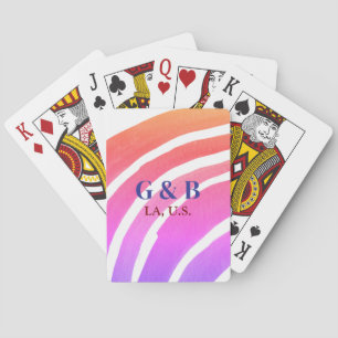 Pink yellow rainbow add couple name place city wed poker cards
