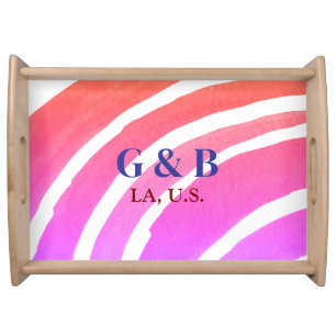Pink yellow rainbow add couple name place city wed serving tray