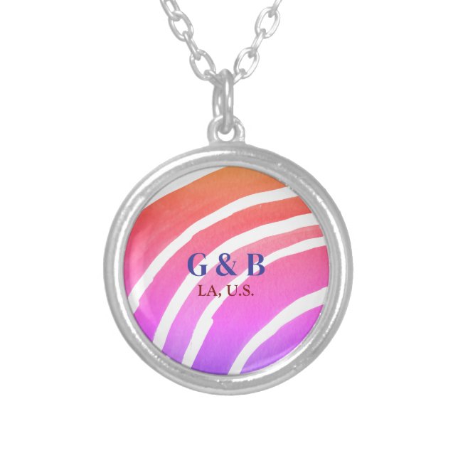 Pink yellow rainbow add couple name place city wed silver plated necklace (Front)