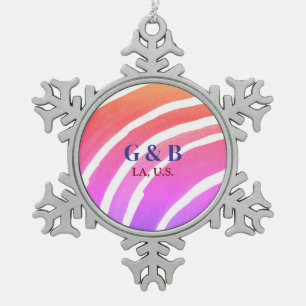Pink yellow rainbow add couple name place city wed snowflake pewter christmas ornament