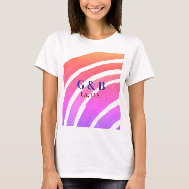 Pink yellow rainbow add couple name place city wed T-Shirt (Front)