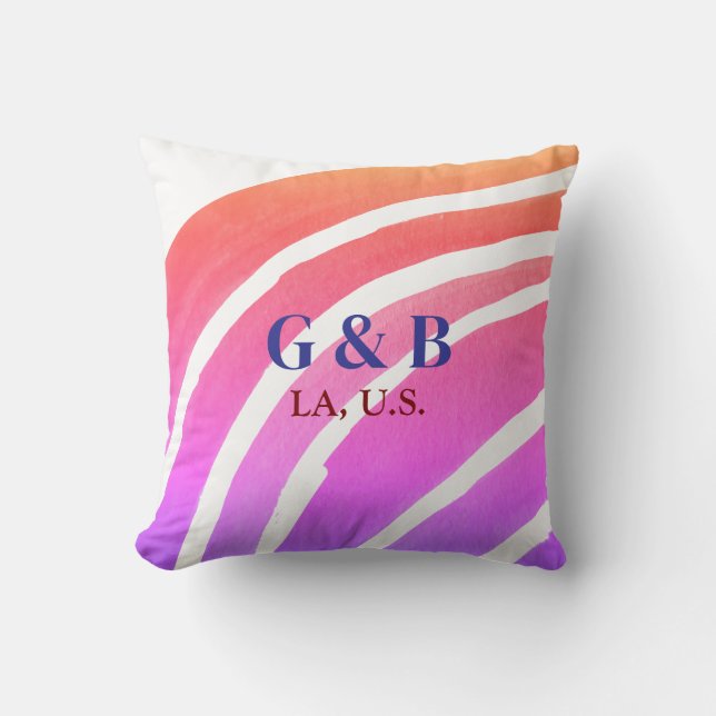 Pink yellow rainbow add couple name place city wed throw pillow (Front)