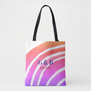 Pink yellow rainbow add couple name place city wed tote bag