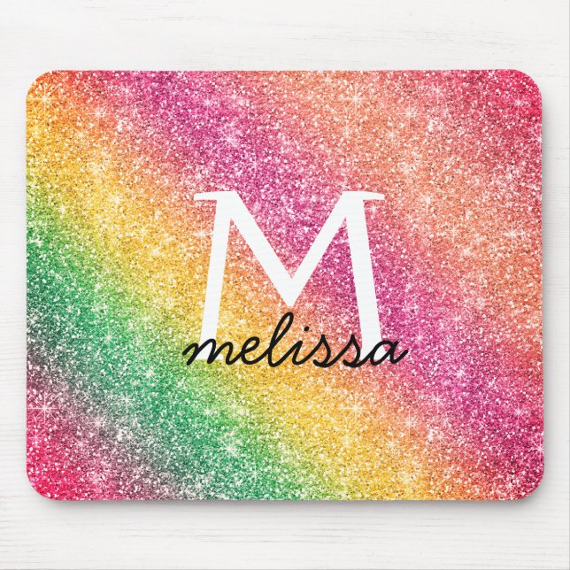 Pink Yellow Rainbow Glitter Monogram Mouse Pad (Front)