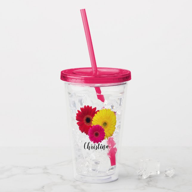 Pink Yellow Red Gerbera Daisy | Personalized Acrylic Tumbler (Front Ice)