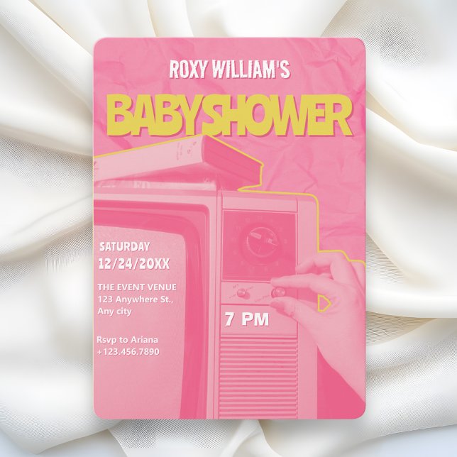 Pink yellow retro baby shower invitation (Creator Uploaded)