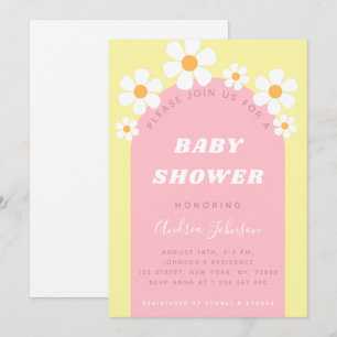 Pink Yellow Retro Boho Arch Daisy Cute Baby Shower Invitation