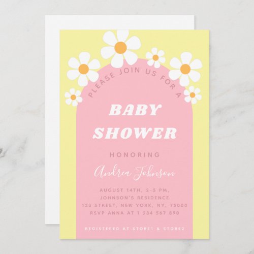 Pink Yellow Retro Boho Arch Daisy Cute Baby Shower Invitation