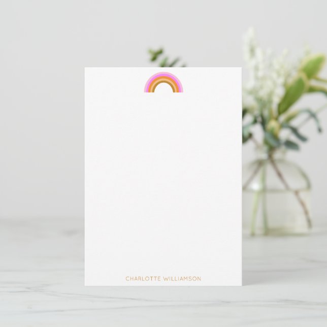 Pink Yellow Retro Rainbow Personalized Stationery Note Card (Standing Front)