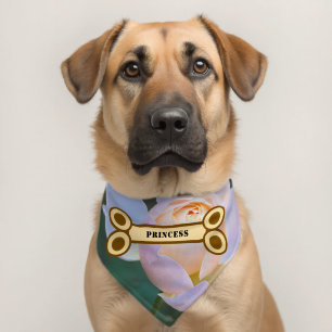 Pink Yellow Rose Beige Dog Bone Name Pet Bandana Collar