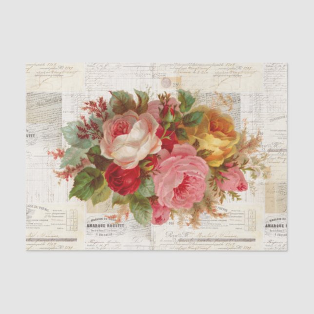 Pink Yellow Rose Vintage French Text Tissue Paper (Front)