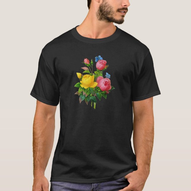 Pink & Yellow Rose w/Blue Butterflies by Redoute T-Shirt (Front)