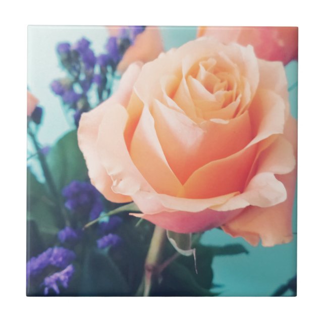 pink yellow rose with mint background ceramic tile (Front)