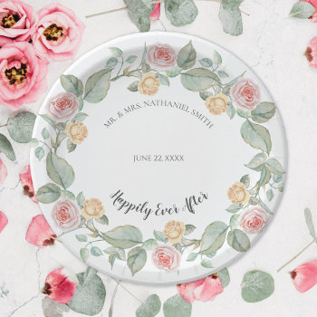 Pink Yellow Rose Wreath Wedding Paper Plates by mangomoonstudio at Zazzle