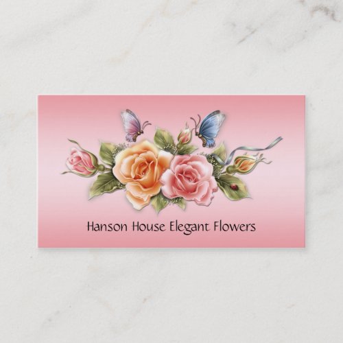 Pink Yellow Roses Butterflies Business Card