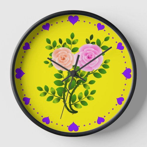 Pink Yellow Roses Clock