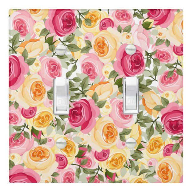 Pink & Yellow Roses Farmhouse Shabby Chic Floral Light Switch Cover (In Situ)