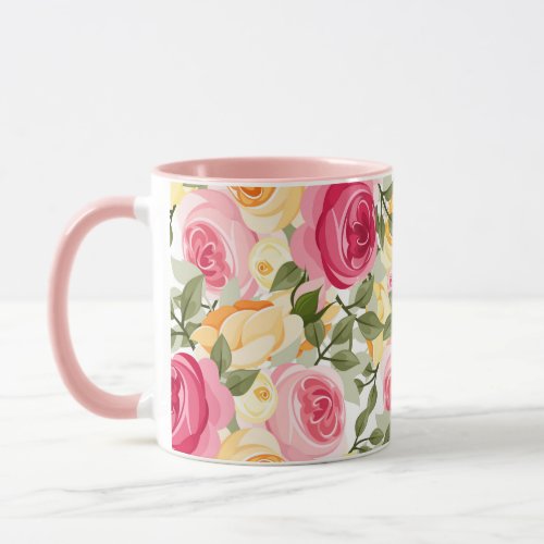 Pink  Yellow Roses Farmhouse Shabby Chic Floral Mug