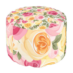 Pink & Yellow Roses Farmhouse Shabby Chic Floral Pouf
