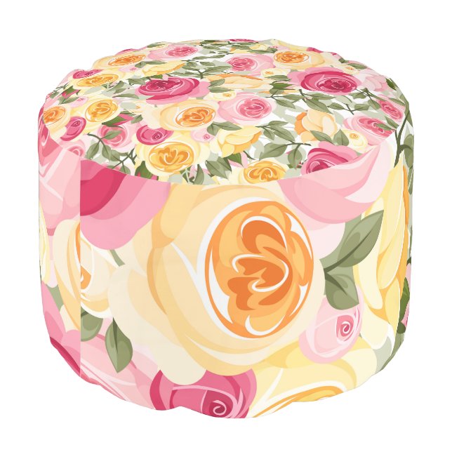 Pink & Yellow Roses Farmhouse Shabby Chic Floral Pouf (Angled Back)