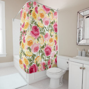 Pink & Yellow Roses Farmhouse Shabby Chic Floral Shower Curtain