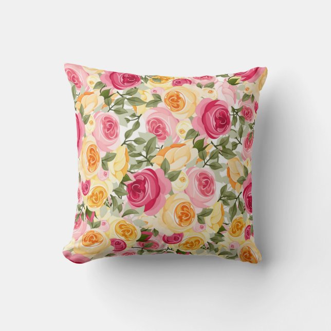 Pink & Yellow Roses Farmhouse Shabby Chic Floral Throw Pillow (Front)