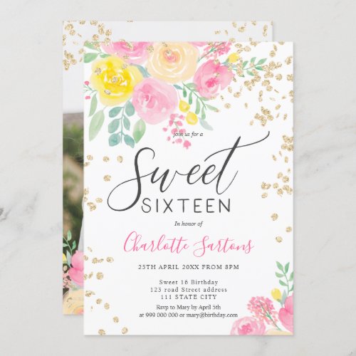 Pink yellow roses floral gold script sweet 16 invitation