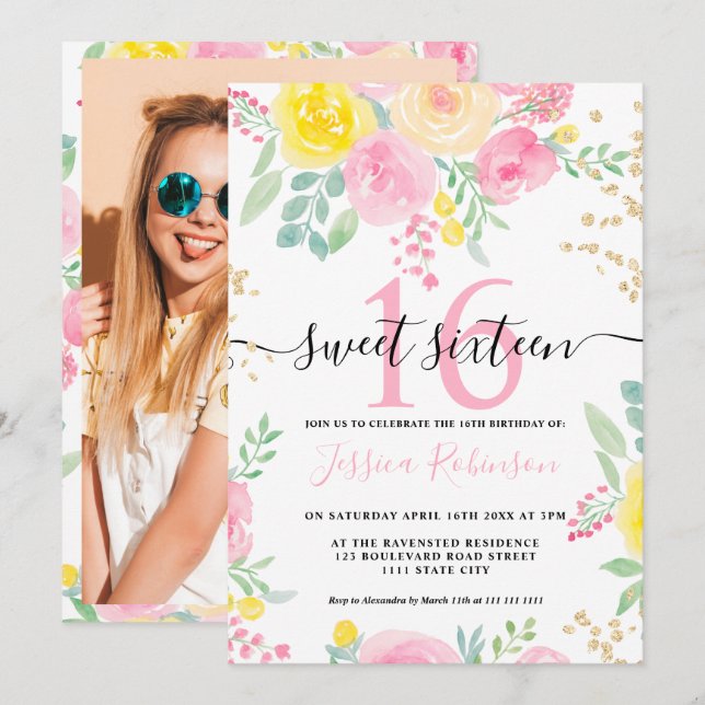 Pink yellow roses floral gold script Sweet 16 Invitation (Front/Back)