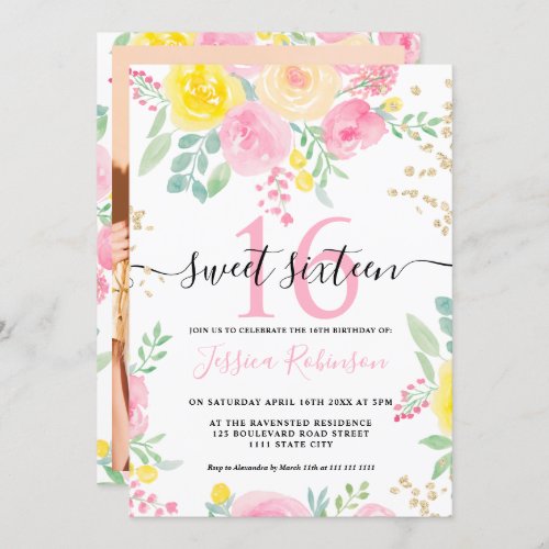 Pink yellow roses floral gold script Sweet 16 Invitation